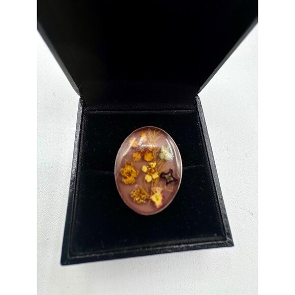 Vintage Adjustable 925 Sterling Silver With Miniature Dry Flowers Ring - Picture 2 of 5